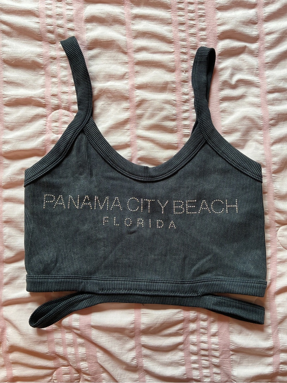 Black Ribbed Crop Tank with Panama City Beach Rhinestone Text